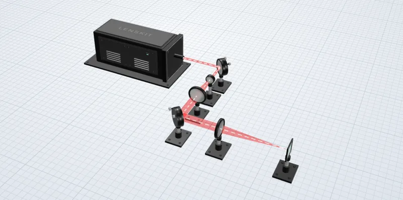 Layout of the beam delivery starter system: a laser, two fold mirrors, a two-lens beam expander, and a focusing lens.
